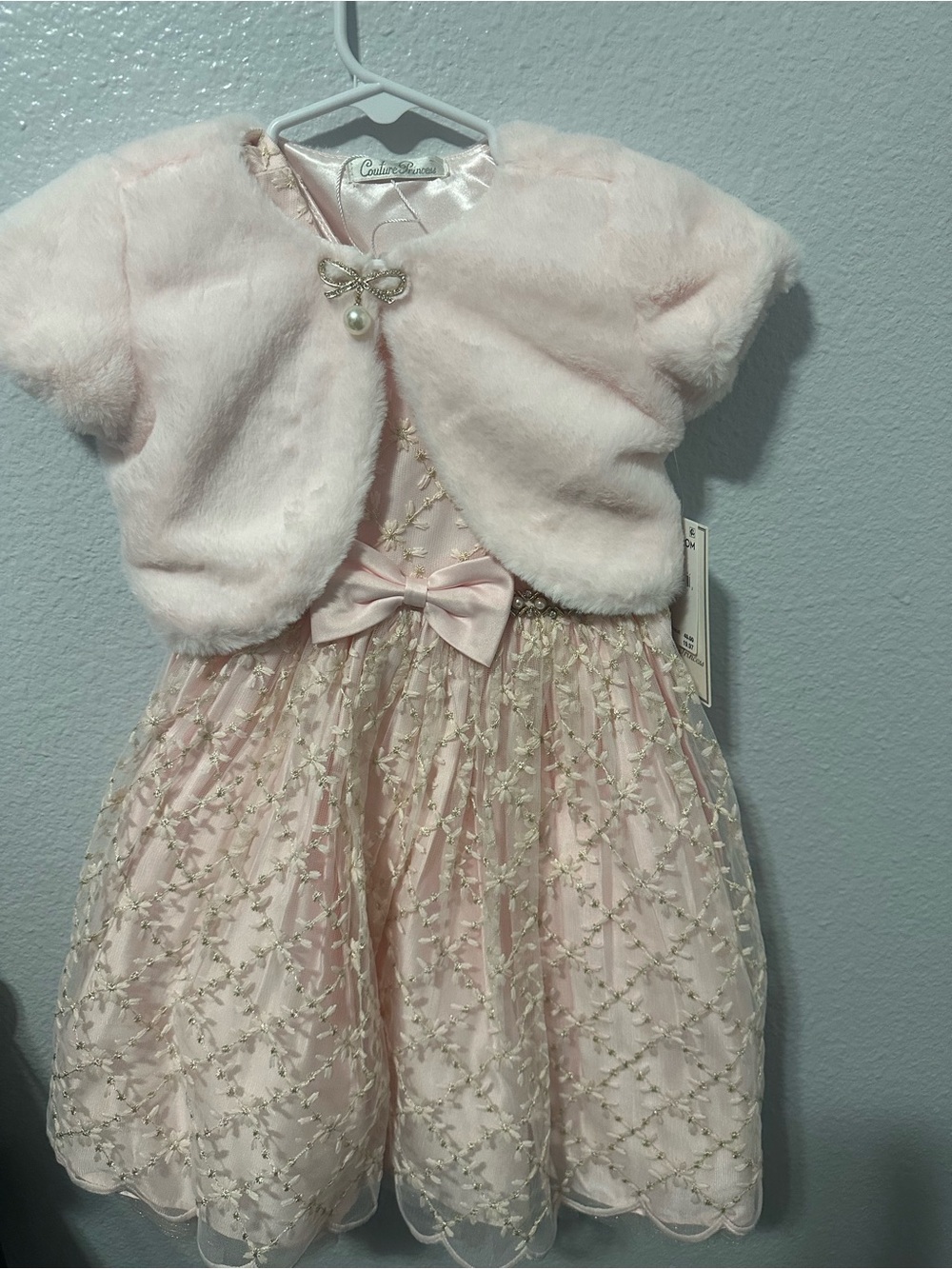 Couture Fashions Pink Embroidered Formal Dress with Faux Fur Bolero